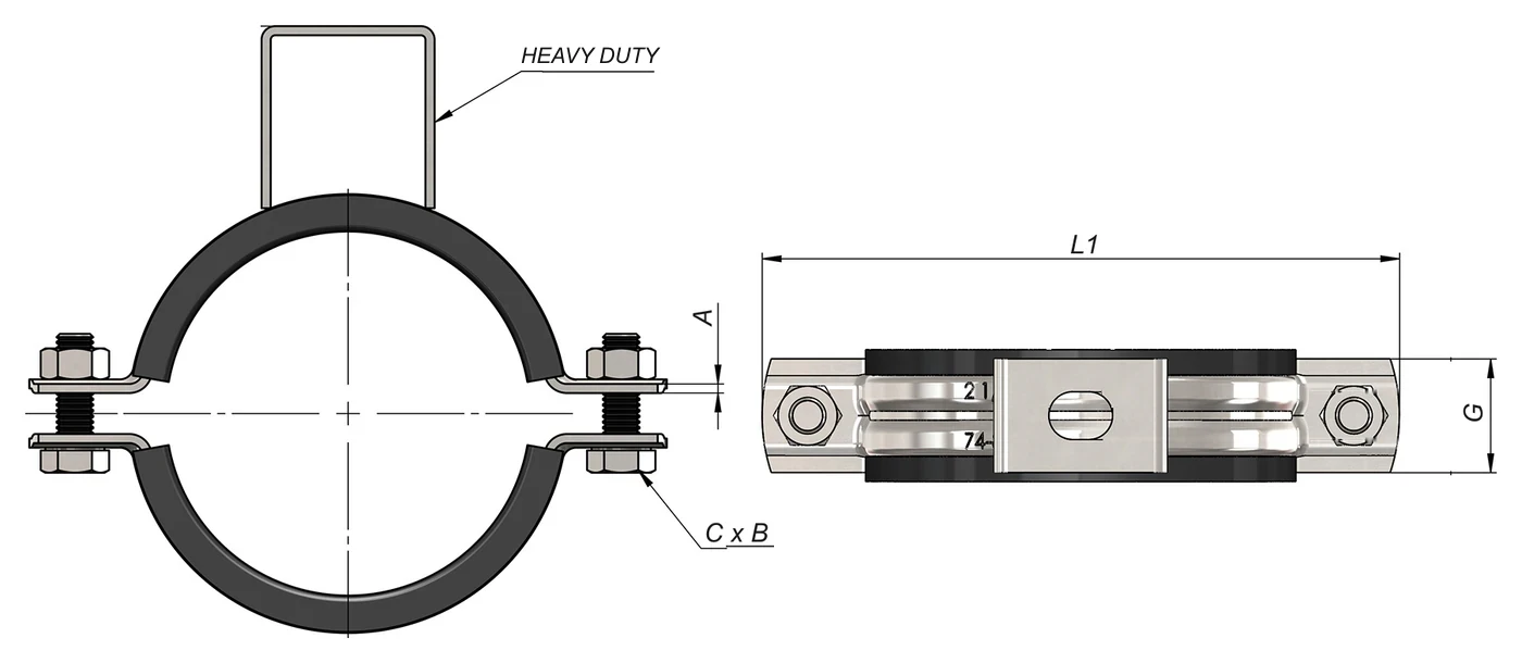 Sofaş heavy-duty clamp with head technical drawing — A sheet thickness, C x B connecting bolt, G band width, L1 total length