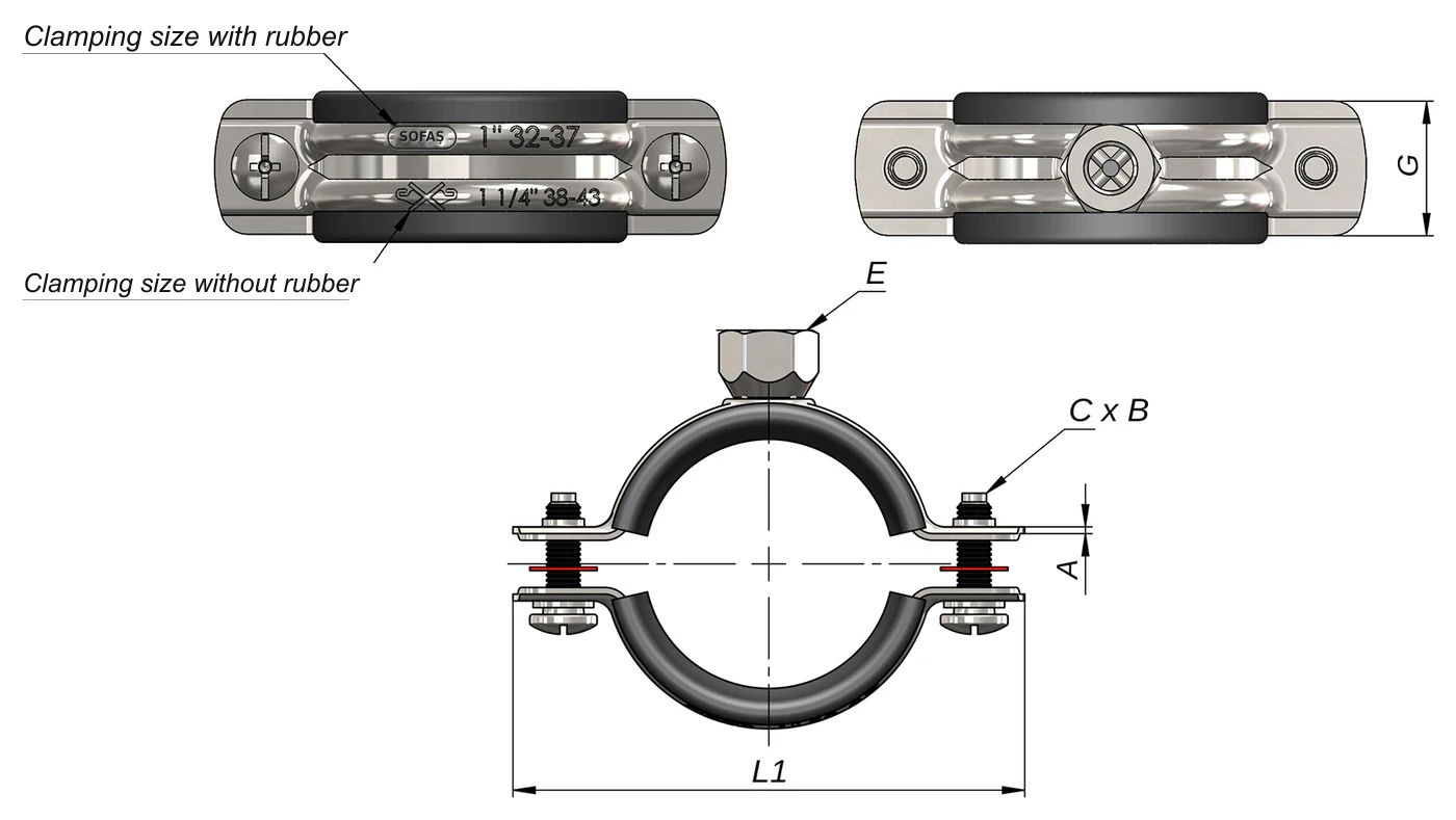 Sofaş clamp technical drawing — E nut, C x B connecting bolt, A sheet thickness, G band width, L1 total length