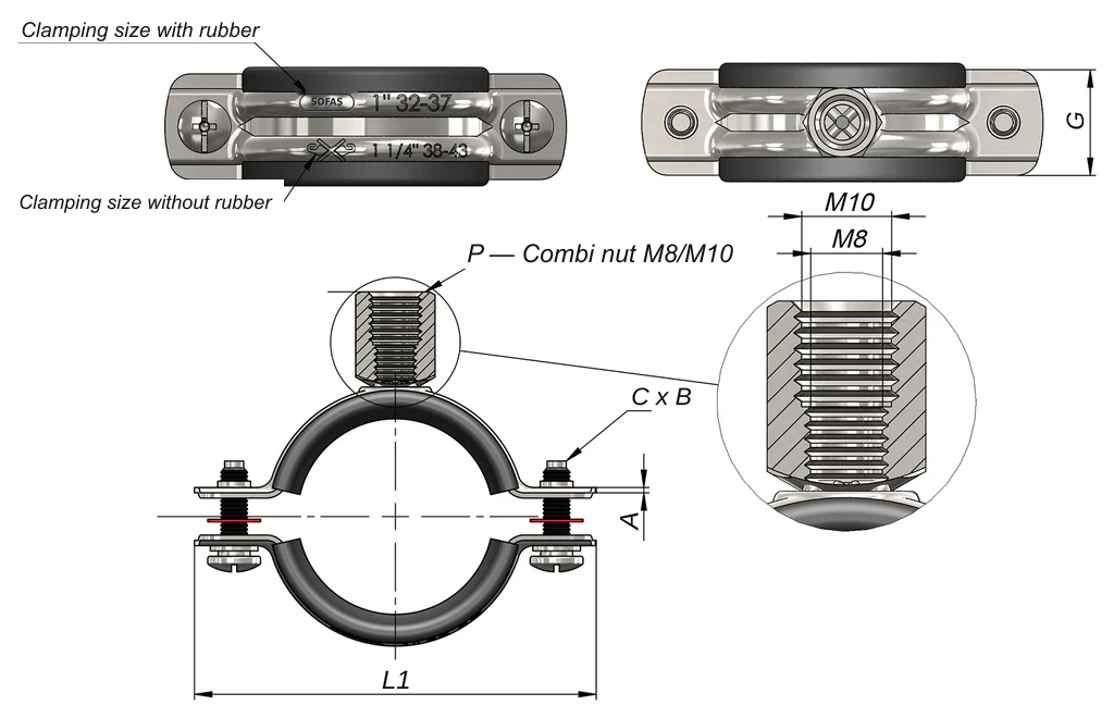 Sofaş clamp with combi nut technical drawing — P combi hanger nut M8/M10, C x B connecting bolt, A sheet thickness, G band width, L1 total length