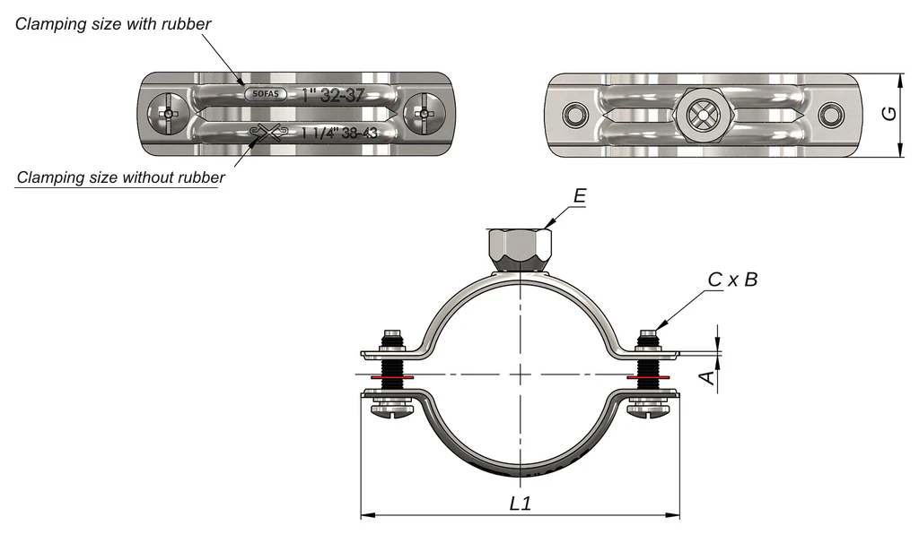Sofaş clamp with nut without rubber technical drawing — E nut, C x B connecting bolt, A sheet thickness, G band width, L1 total length